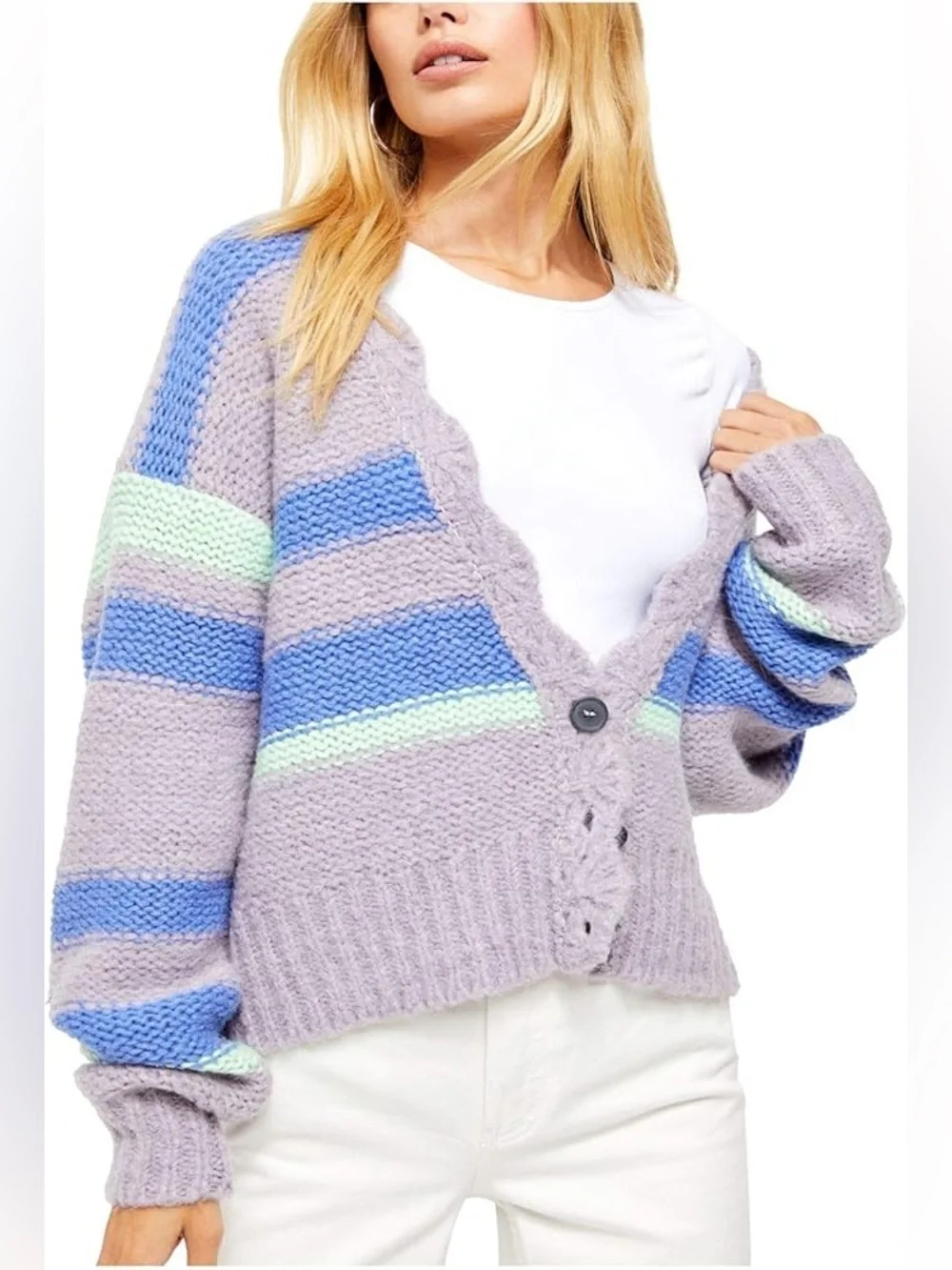 Free People Fine Time Stripe Alpaca Wool Blend Cardigan Sweater Chunky Knit Boho